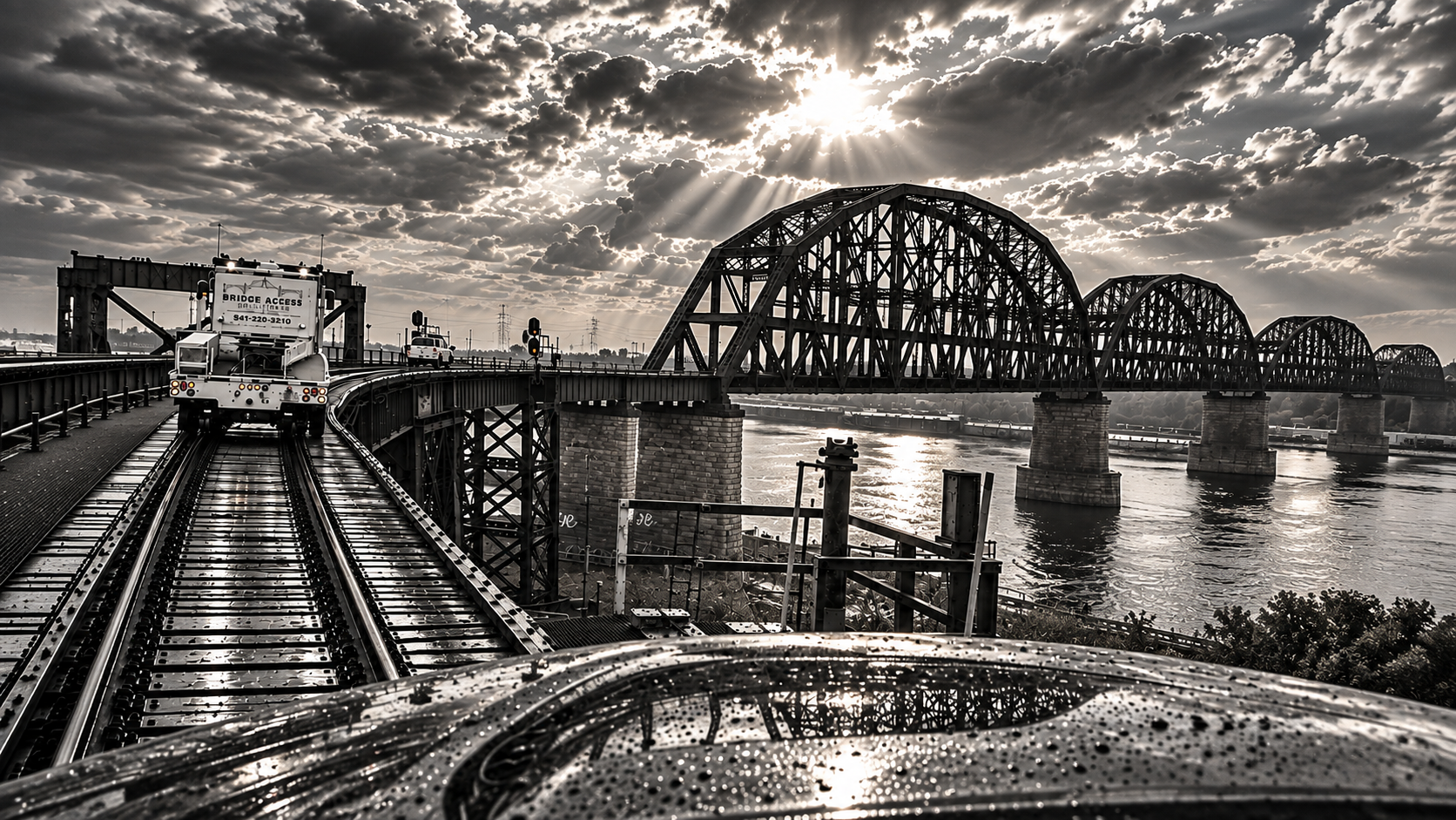 Bridge access truck on railroad tracks beside a steel truss bridge over the Mississippi River in St. Louis