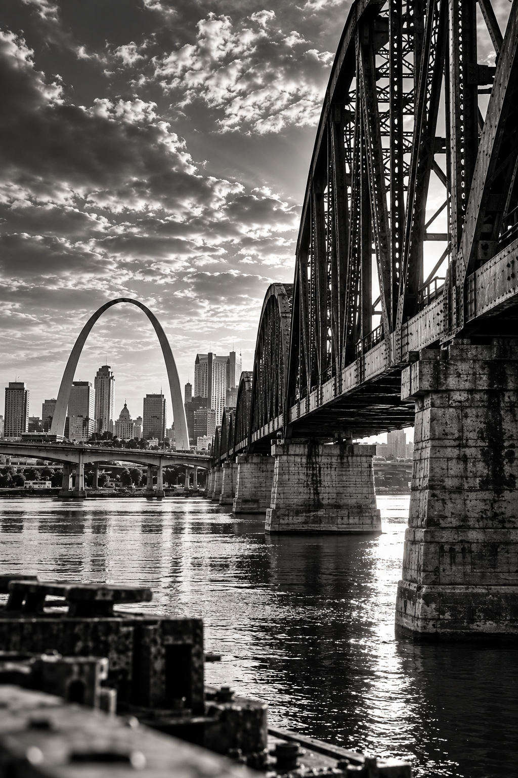 Steel truss bridge over the Mississippi River with the Gateway Arch and downtown St. Louis skyline