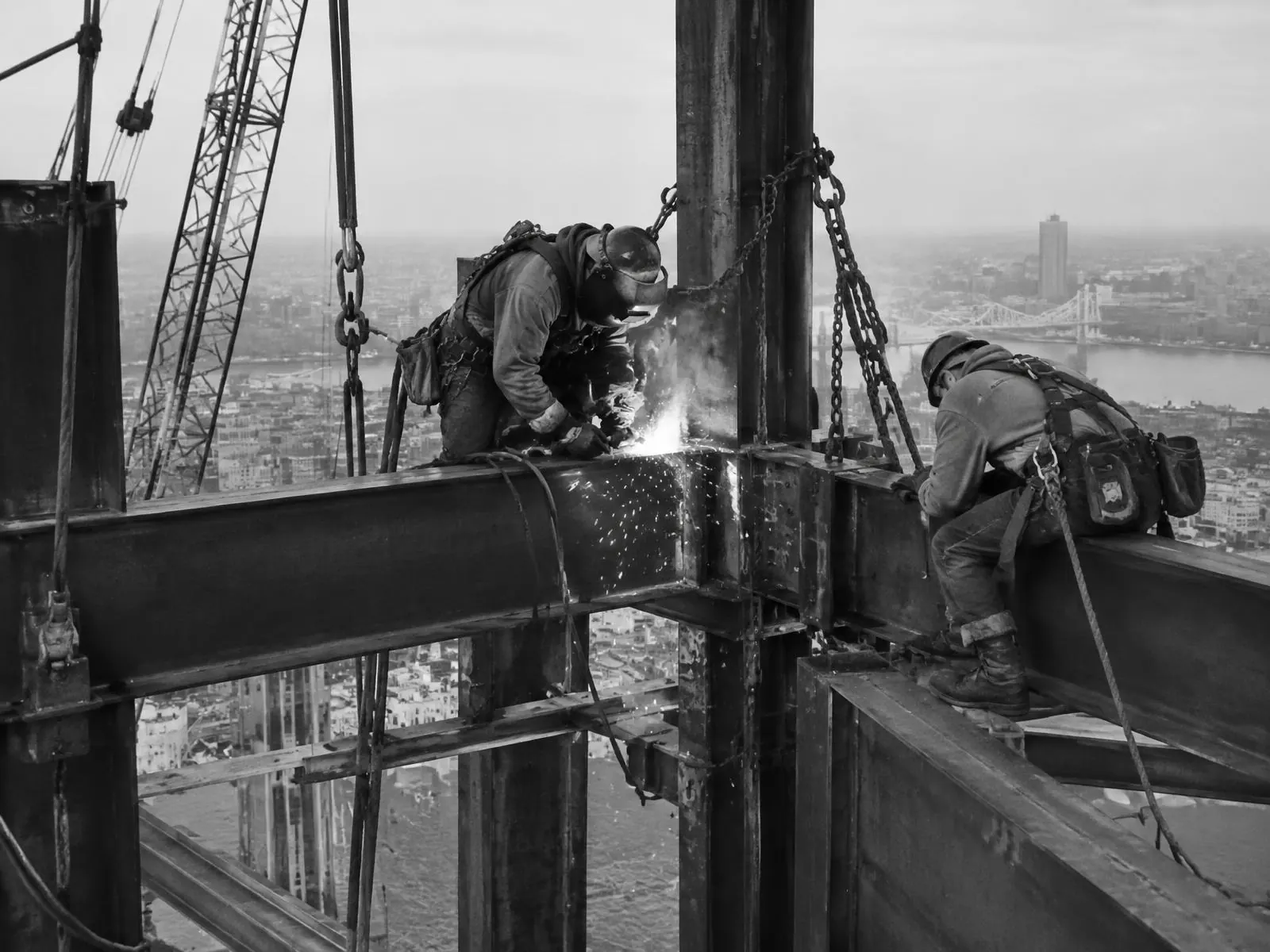 Ironworkers welding structural steel on a St. Louis job site